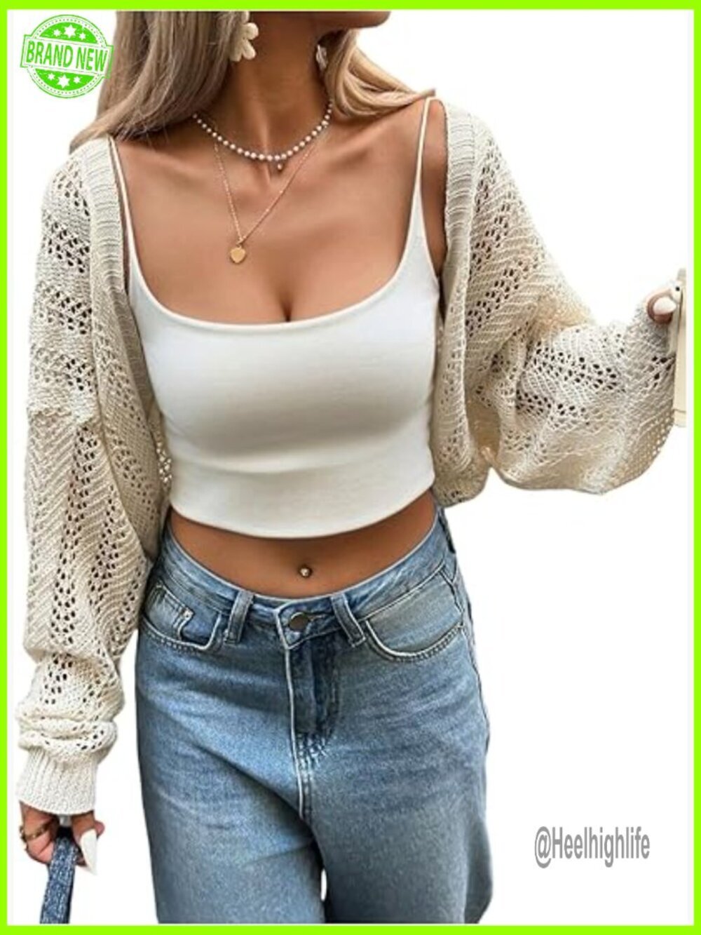 Open Front Crochet Cardigan Crop Top Long Sleeve Shrug Sweater